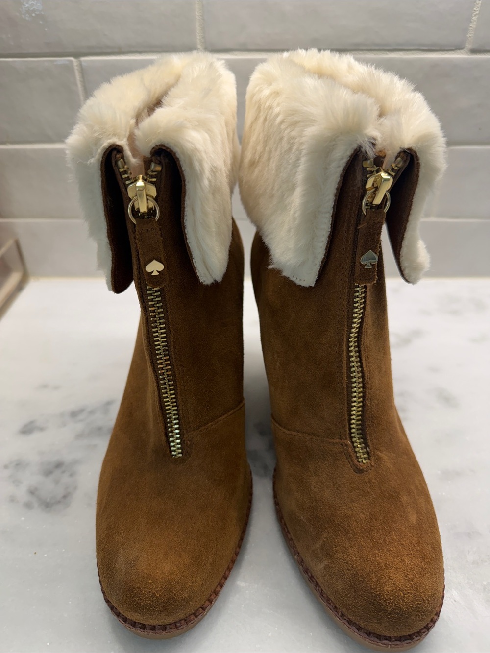 Brand new, never been worn Kate spade Brown Suede Fur-Cuff Zip Ankle Boots